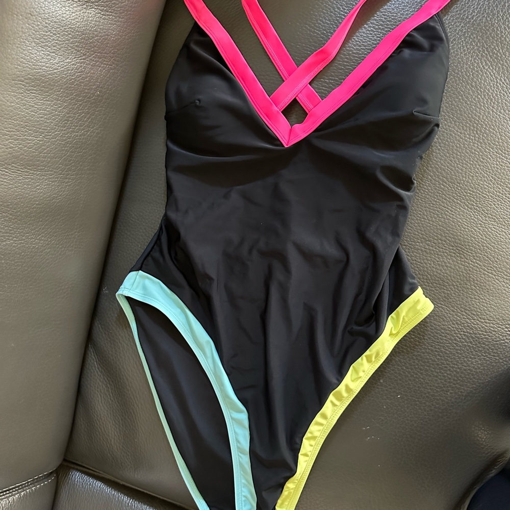 Cupshe Black One Piece with Pink, Blue, and Yellow Accents